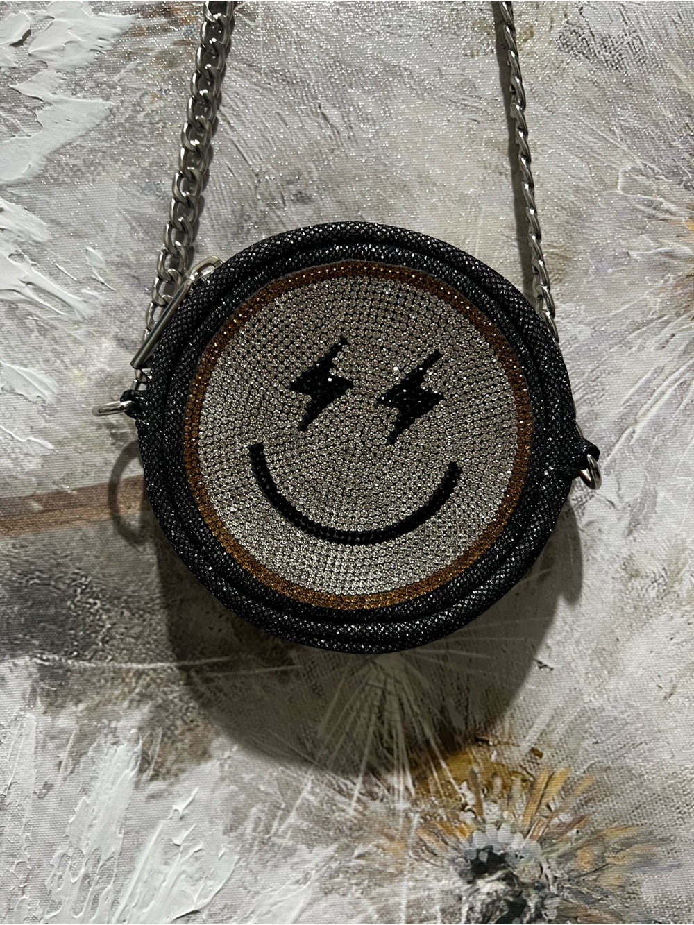 Round Black Crystal Smiley Shoulder Bag